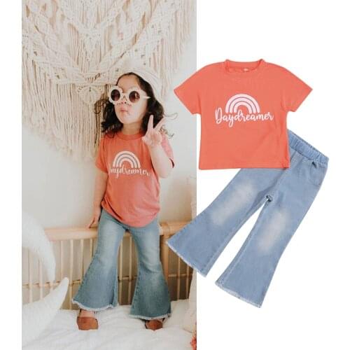 2-7Y Summer Kid Clothing Children Baby Girls Rainbow Printed Short Sleeve Tops Denim Flare Pants Outfits Clothes Set Comfortable