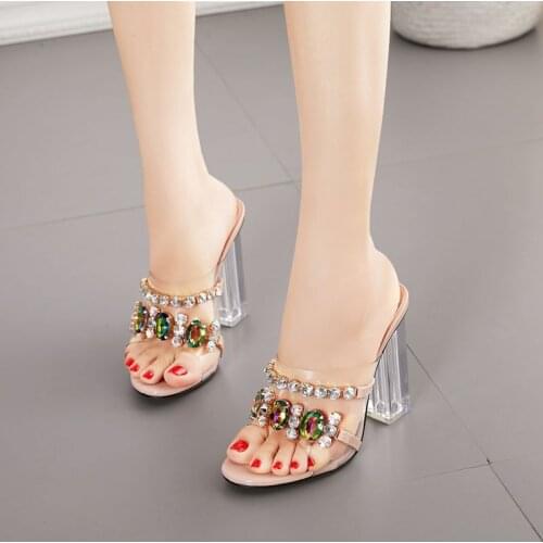 Womens Shoes 2021 New Diamond Decoration Transparent High Heels Soft Soles Comfortable Block Heel Sandals Large Shoes