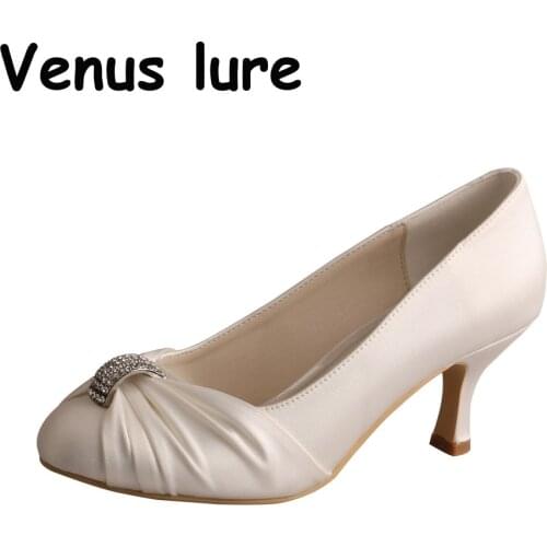 Women Ivory Shoes High Heels Closed Toe Mid Heel Wedding Shoes Satin Ladies Bride Prom Party Dress Shoes