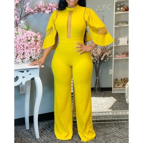 Echoine Sheer Mesh Patchwork Ruffle Sleeve Jumpsuit Wide Leg Pants Women Sexy Elegant OL Office Ladies Rompers Plus Size