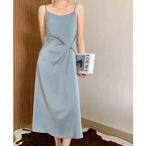 Ordifree 2021 Summer Women Satin Slip Dress Silk Shiny Elegant Vintage Sexy Spaghetti Strap Long Party Dress
