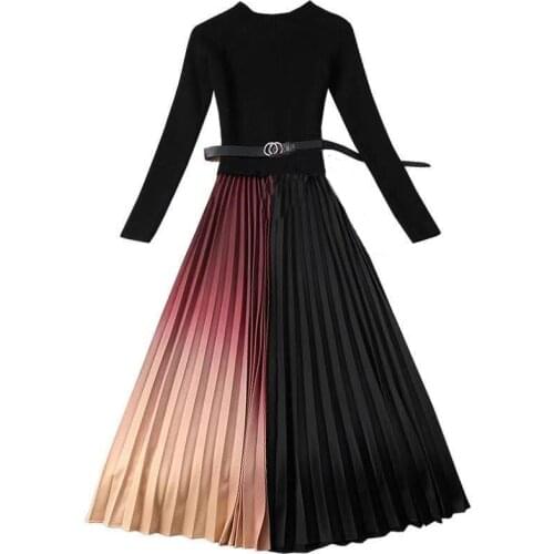 Banulin Women Sweater Dress Autumn Winter Female High Collar Long Lleeve Sashes Knitting Patchwork Pleated Dress with Scarf