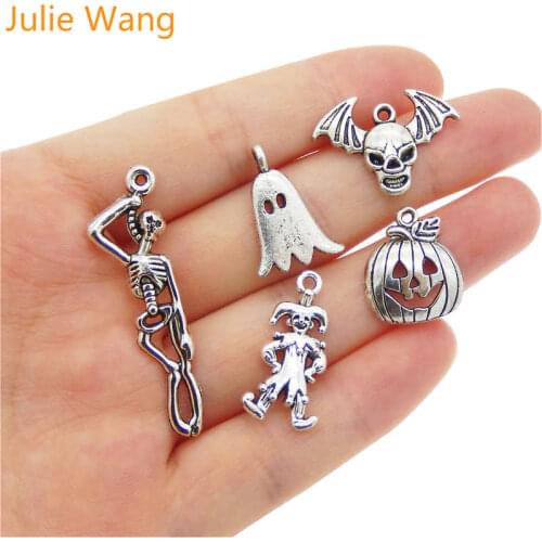 Julie Wang 5pcs Halloween Charms Mixed Pumpkin Skull Ghost Clown Necklace Pendant Jewelry Making Accessory