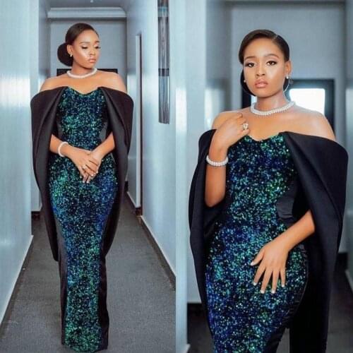 Arabic Dubai Sparkly Mermaid Evening Dress Sequins Off Shoulder Floor Length Formal Party Gowns Satin Special Occasion Dresses 2