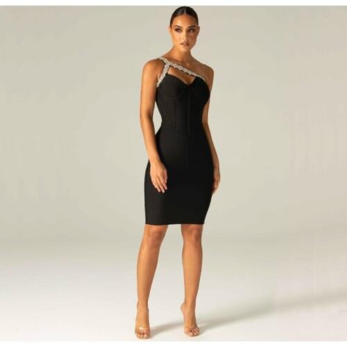 Free Shipping Wholesale Summer womans Dress Black One-Shoulder Beaded Backless Sexy Celebrity Cocktail Party Bandage Dress