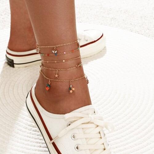 5 Pcs/set Ankle Bracelet Boho Strawberry Cherry Stars Butterfly Bling Anklet Chain Accessories for Women Beach Anklets Gift