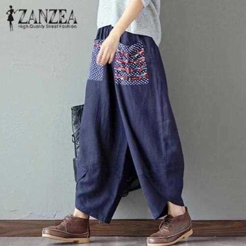 ZANZEA 2021 Summer Trousers Women Elastic Waist Retro Print Cotton Linen Harem Pants Oversized Casual Loose Pantalon Streetwear