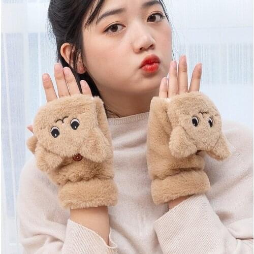 Kids Girls Half Finger Flip Mittens Plush Thick Driving Gloves Cute Cat Touch Screen Gloves for Girls Winter Warm Mittens U3