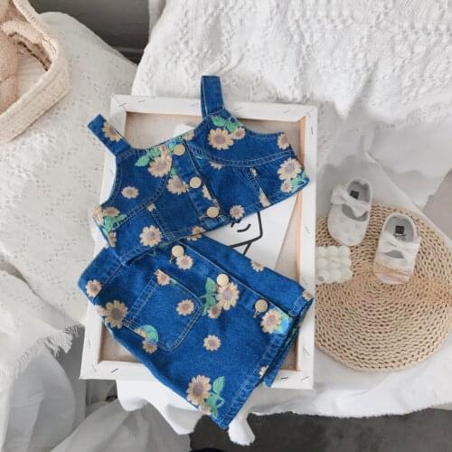 Children Top Set Denim Summer Girls Clothes Vest+ Skirt 2Pcs/Set Kids Clothes Set Sunflower Toddler Outfits For Girls Backless