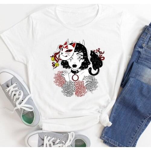 Japanese Devil Girl With Cat T-shirt Aesthetic Oni Anime Graphic Tee Shirt Top Fashion Women Short Sleeve Gothic Witch Tshirt