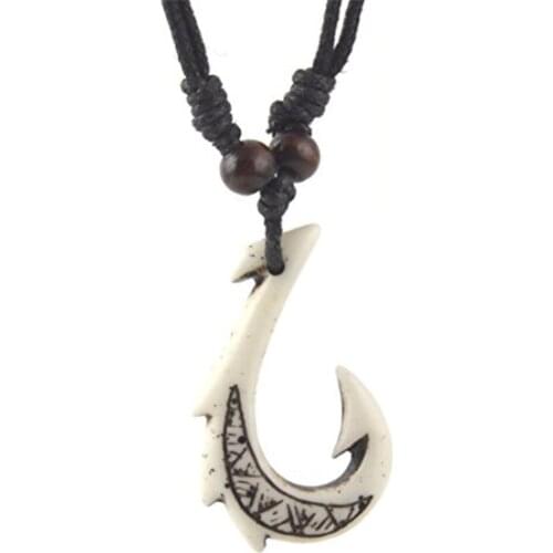 HZMAN Hawaiian Fish Hook Pendant Hemp Cord Chain - Maori Tribal Necklace
