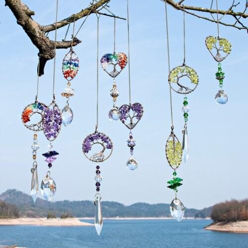H&D 9 Styles Natural Stones Tree of Life Suncatcher Healing Crystals Drop Pendant Rainbow Maker Collection Deor for Home Wedding