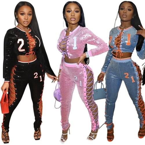 Sexy Bling Sequin Club Outfits For Women Cut Out Lace Up Bandage Pants Crop Top Matching Sets Jacket Coat+Skinny Pants Two Piece