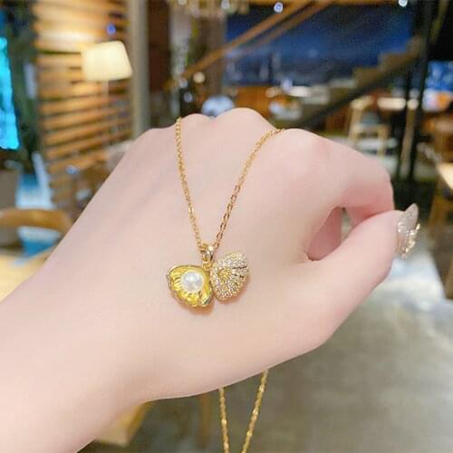 Korean Version Of Zircon Fashion Shell Pearl Necklaces (For A lifetime) Necklace Femininity Fan-Shaped Pendant Girlfriend Gifts
