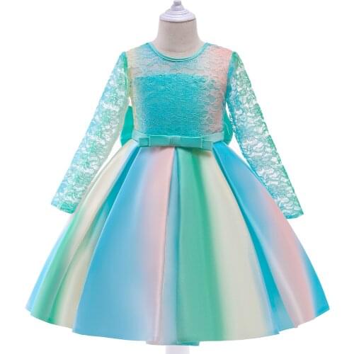 Colorful Lace Long Sleeve Chirstmas Party Dress For Girls Birthday Wedding Costume Kids Prom Dress Children Princess Clothing