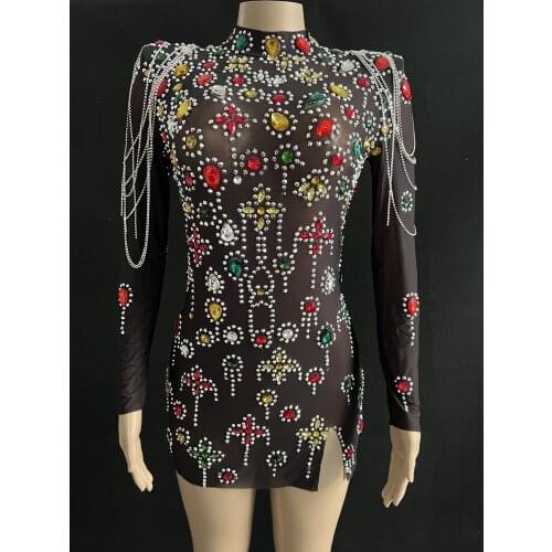 New Style Multi-color Rhinestone Black Transparent Short Dress Evening Wedding Birthday Chains Costume Celebrate Bar Dress YOUDU