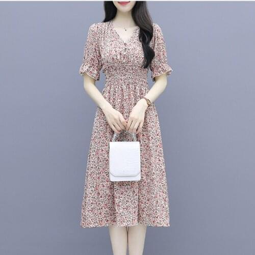 New V-neck Elastic Waist Printed Chiffon Dress Floral Beach Dress Women Slim Sexy Elegant Ladies Office Dress Womens Clothing