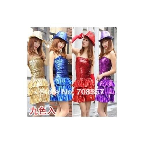 Huge savings Wholesale Off shoulder New Sequin Trim A-line performance clothes collar fashion women stage costume Dancing dress