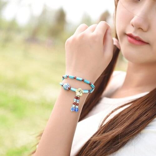 Handmade braided women cloisonne jewelry ethnic blue shell bracelet elastic.new fashion nature stones vintage bracelets