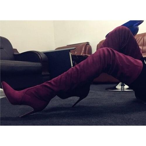 Thin Heel Over The Knee Boots Suede Burgundy Sexy Pointed Toe Stiletto High Heel Dress Runway Long Boots Zipper Thigh Boots