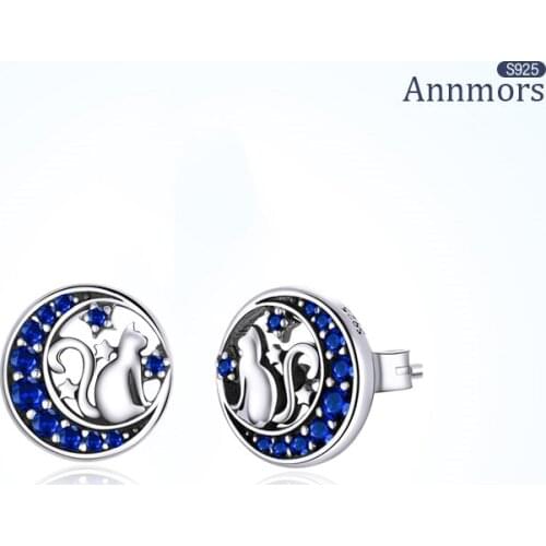 Cat Sitting on Moon Stud Earrings 925 Sterling Silver Simple Stud Blue Crystal Light Luxury Jewelry Gift Women Daily Ear Buckle