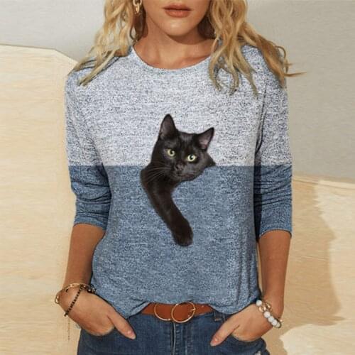 2021 Spring Cute Cat Print Patchwork Blouse Women O Neck Long Sleeve Shirt Casual Plus Size Streetwear Tops Autumn Pullover 3XL
