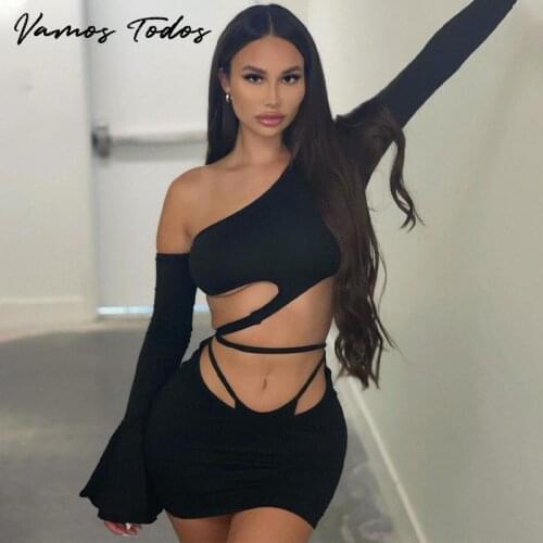 Vamos Todos 2021 Summer Hollow Out 2 Piece Set Dress Women Skew Collar Flare Sleeve T-Shirt Sexy Mini Skirt Outfit Party Dresses