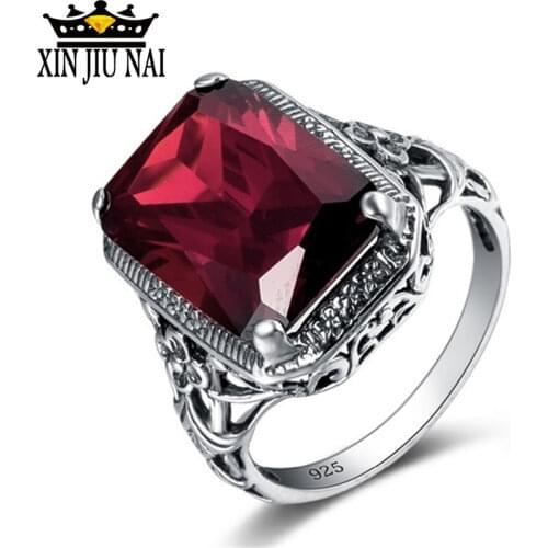 Utimtree Big Square Red Crystal 925s Silver Color Fashion Ring Jewelry Hollow Out Engagement Proposal men Ring Accessories