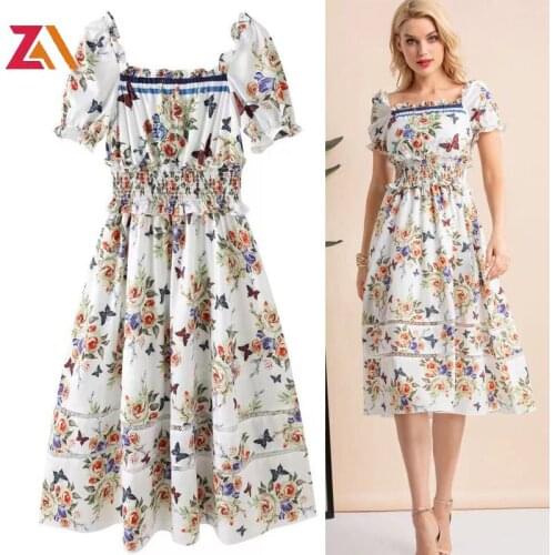 Designer runway party midi dress woman clothing summer elegant floral printed square collar fashion casual beach chic dresses