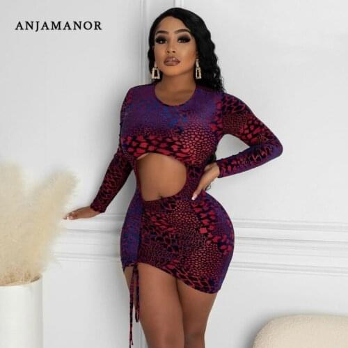 ANJAMANOR Sexy Leopard Printed Bodycon Dress Fall 2021 Fashion Clubwear Drawstring Hollow Out Long Sleeve Mini Dresses D35-CD17