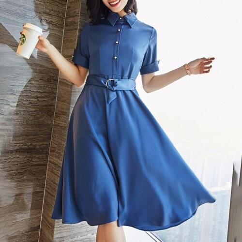 Fashion Elegant High Quality Fabric Summer Short Sleeve Dresses OL Styles Ladies Work Wear Dress Beauty Salon Vestidos with Belt