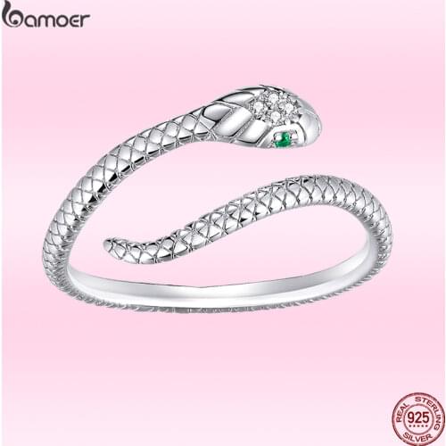 Bamoer 100% 925 Silver Vintage Yellow Gold Rose Gold Snake Ring Adjustable Finger Rings Indian Retro Open Ring for Women GXR666