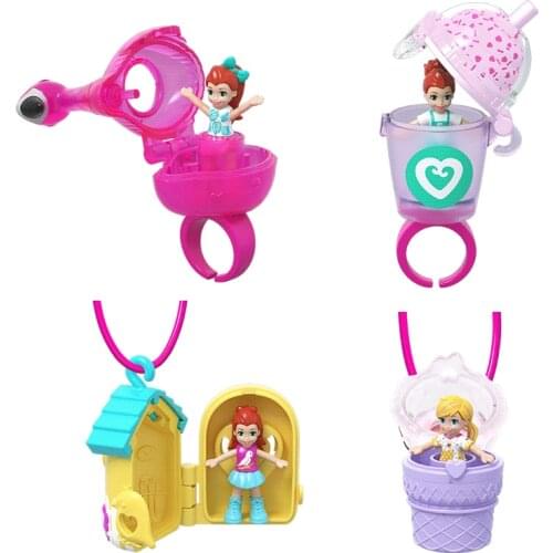 3PCS Original Polly Pocket Mini Takeaways Wearable Rings Necklace Dolls Blind Reveal Accessories Girls' Toys Christmas Gifts
