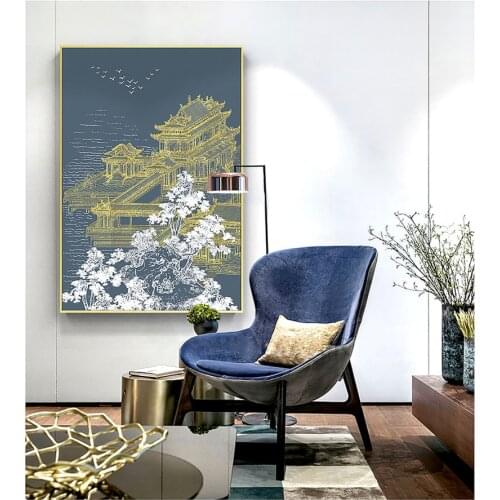 Abstract Chinese Temple Sunrise Scenery Canvas Painting Line Drawing Mountain Wall Art Poster and Print for Living Room Decor
