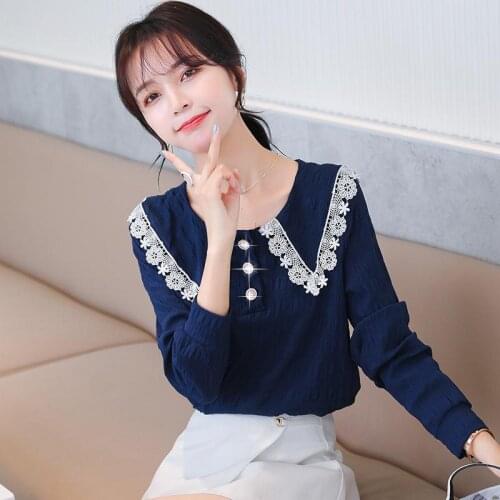 Blouse Women Autumn Chiffon Pleated Lace Stitching Doll Collar Long Sleeve Top Blusas Mujer De Moda