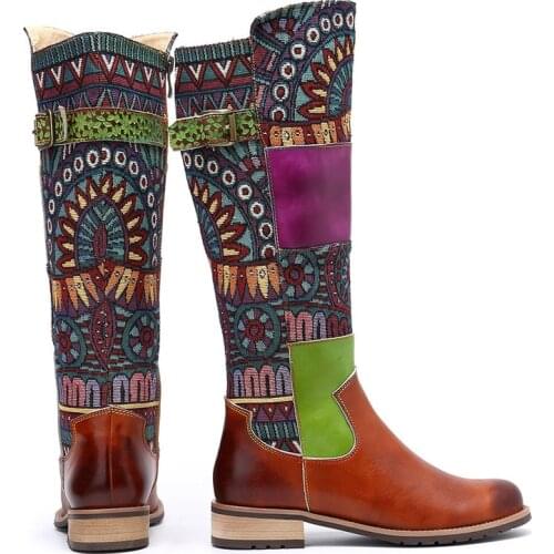 Handmade Genuine Leather Mid Calf Boots Women Shoes Vintage Bohemian Printed Splicing Buckle Strap Flat Spring Autumn Boots New