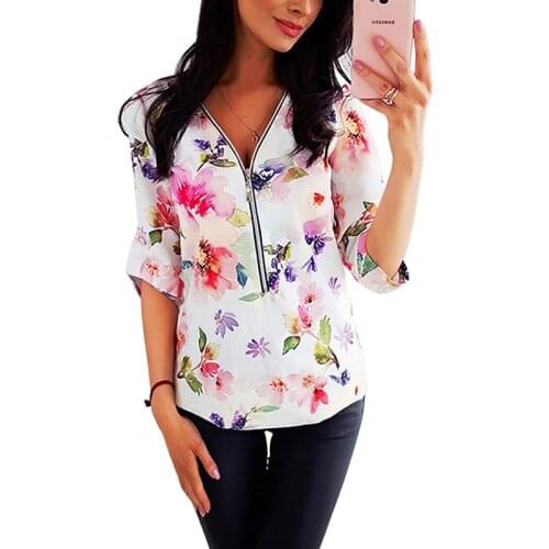 Floral Print Zipper V Neck Half Sleeve Elegant Work Wear Shirt Women Casual Loose Streetwear Office Fashion Plus Size Blouses
