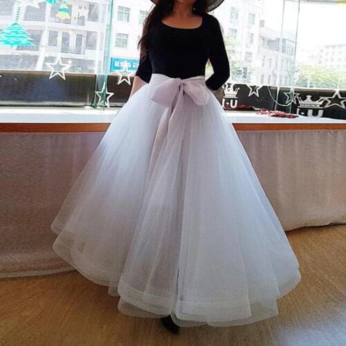 Elegant White Tiered Tulle Long Wedding Skirts With Bow Tulle Overskirt Floor Length Women Tutu Female Long Skirt Saia Longa