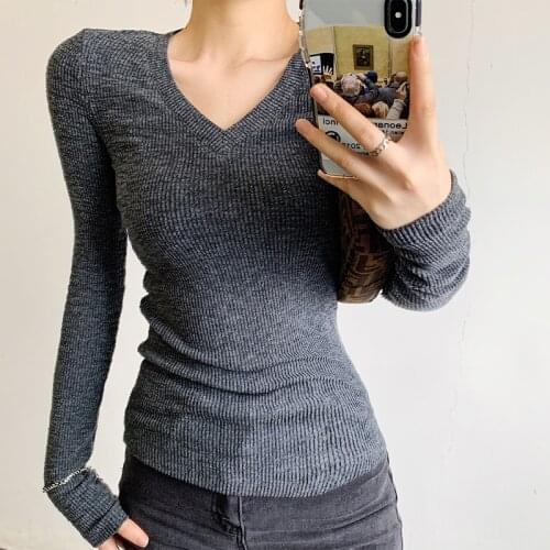 T shirt Women 2021 White Clothes Cotton Female Korean T-Shirt Gray Tops Sexy V-Neck Long Sleeve Black Tee Shirt Clothes