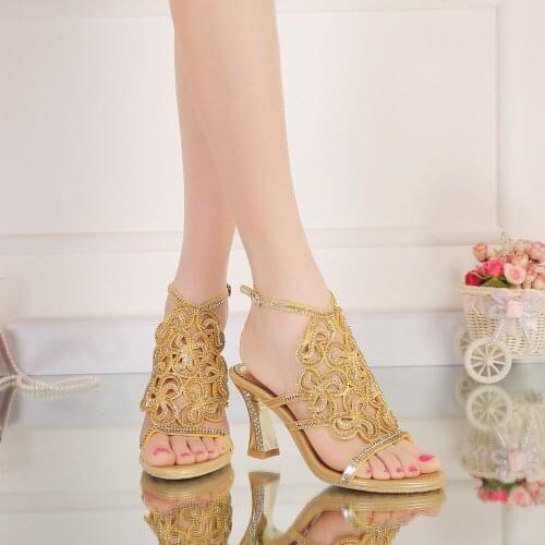 G-sparrow Fashion brand ,Thick with High heels ladies diamond sandals sexy summer black temptation Hollow out party shoes