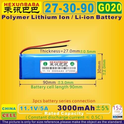 [G020] 11.1V/12.6V 3000mAh [273090] Polymer lithium ion / Li-ion battery for mobile bank;mp4,cell phone,power bank,mp3,mp5