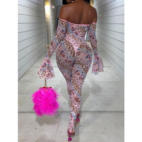 OMSJ Sexy Bar Outfits Skinny Leopard Print Sheer Mesh Jumpsuits Women Off Shoulder Long Flare Sleeve Night Club Bodycon Playsuit