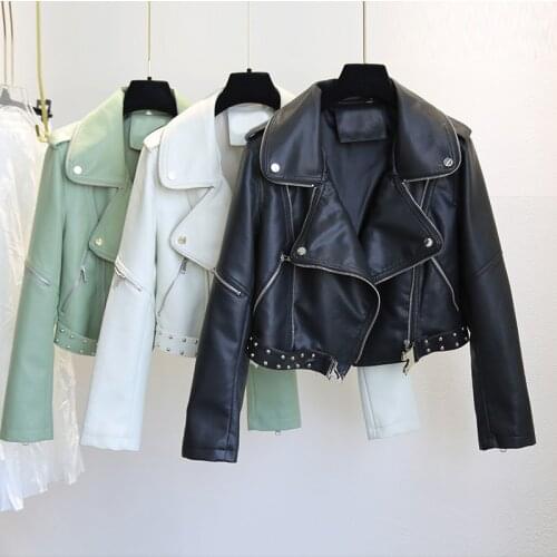 FTLZZ Spring Autumn Faux Leather Jacket Women Rivet Punk Biker Coat Soft PU White Leather Jacket Motor Outwear Casual Streetwear