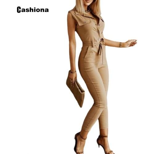 Cashiona Women Fashion Jumpsuit Sexy Girls Belted Trousers Skinny Rompers Sleeveless Bodysuits 2021 Summer Cargo Jumpsuits