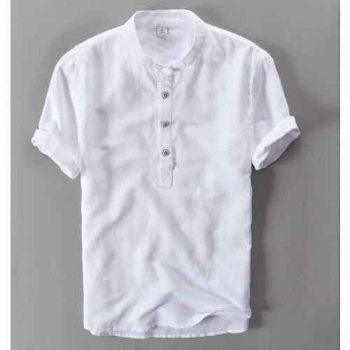 Men s Cotton Linen Shirts Short Sleeve T Shirt Mens Quality Casual Shirts Slim fit Solid color Mandarin Collar pullover Shirts