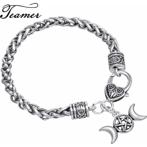 Teamer Punk Goddess Amulet Wicca Pentagram Chain Bracelet Vintage Moon Charm Bracelets Heart Lock Amulet Talisman for Man
