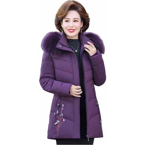 NEW Winter Parka Middle-aged Women 2020 Wadded Padded Jacket Plus Size Mother Thicken Fur-collar Hooded Embroidery Outwear KW374