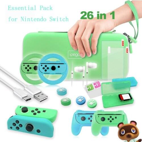 Animal Crossing Bundle Gamer Kit Gift Pack for NS Switch 26in1 Carry Case Wheels Grips Glass Screen Charge Cable Game Box Holder