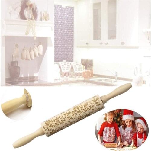Christmas Embossing Wooden Rolling Pin Baking Cookies Noodle Biscuit Fondant Cake Dough Engraved Roller Reindeer Snowflake