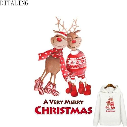 Patches For Clothing Christmas Elk Iron On Heat Transfer DIY Washable T-Shirt Thermal Sticker Clothes Applique Christmas Gift
